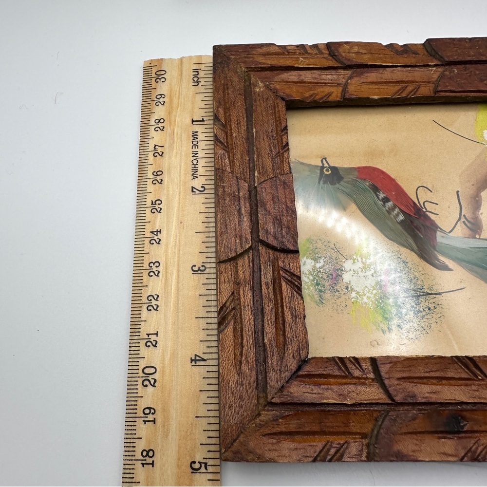Vibrant Vintage Mexican Folk Art Feather Craft Blue Bird Picture Carved Frame - Picture 12 of 14